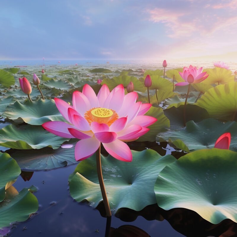 Mehr über den Artikel erfahren Auf der klaren Wasseroberflaeche bluehen große und schoene Lotusblumen, gruene Lotusblaetter und Tau auf den Lotusblumen. Der Sonnenuntergang leuchtet auf der Wasseroberflaeche