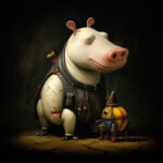 Anthropomorphes Nilpferd in Lederweste mit kleinem Steampunk-Roboter, dunkler Hintergrund | Anthropomorphic hippo in leather vest with small steampunk robot, dark background