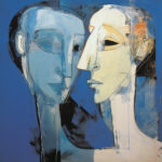Abstraktes Gemälde: Zwei stilisierte Gesichter in Blau und Cremeweiß einander zugewandt | Abstract painting: Two stylized faces in blue and cream-white facing each other
