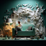 Mann liest auf türkisem Sofa, umgeben von explodierenden Papierwirbeln, digitale 3D-Kunst | Man reading on teal sofa surrounded by exploding paper swirls, digital 3D art