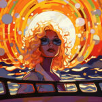 Frau mit goldenen Locken und Sonnenbrille vor psychedelischer Sonnenscheibe über Meer | Woman with golden curls and sunglasses before psychedelic sun disc over ocean