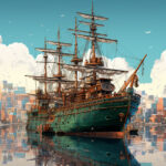 Steampunk-Segelschiff mit türkisem Rumpf vor bunter Stadtkulisse, digitale Illustration | Steampunk sailing ship with teal hull before colorful cityscape, digital illustration