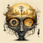 Surreales Gesicht mit Uhrwerk-Augen, goldener Stadtsilhouette im Kopf, Steampunk-Illustration | Surreal face with clockwork eyes, golden cityscape inside head, steampunk illustration