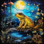 Gelb gefleckter Frosch auf Ast im mystischen Mondlicht, Pilze und Blumen | Yellow spotted frog on branch in mystical moonlight, mushrooms and flowers