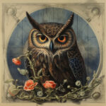 Majestätischer Uhu mit orangefarbenen Augen, umrahmt von roten Mohnblumen, vintage-botanische Illustration | Majestic great horned owl with orange eyes, framed by red poppies, vintage botanical illustration