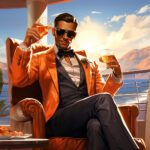 Eleganter Mann im orangenen Smoking mit Drinks auf Yachtdeck, digitale Illustration | Elegant man in orange tuxedo holding drinks on yacht deck, digital illustration