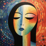 Abstraktes Gesicht mit geschlossenen Augen, blauen Lippen, Regenbogenfarben und Mosaikmuster | Abstract face with closed eyes, blue lips, rainbow colors and mosaic pattern