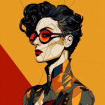 Kubistische Illustration: Frau mit roten Rundgläsern, geometrischem Gesicht, gelbem Hintergrund | Cubist illustration: woman with red round glasses, geometric face, yellow background