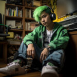 Junger Mann mit grünen Haaren und Kopfhörern sitzt am Boden im Musikstudio | Young man with green hair and headphones sitting on floor in music studio