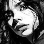 Schwarz-Weiß-Illustration: Nahaufnahme eines Frauengesichts mit intensivem Blick | Black-and-white illustration: close-up of a woman's face with intense gaze