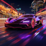 Violetter Supersportwagen mit Neon-Lichtern rast nachts durch urbane Stadtkulisse | Purple supercar with neon lights racing through urban cityscape at night