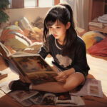 Mädchen mit schwarzem Haar liest im Schneidersitz ein großes Buch auf dem Boden | Girl with black hair reads a large book cross-legged on the floor in a cozy room