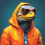 Anthropomorphe Eidechse mit roter Sonnenbrille und orangem Kapuzenjacke, Pop-Art-Stil | Anthropomorphic lizard wearing red sunglasses and orange hoodie jacket, pop art style