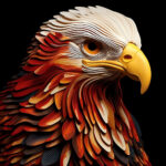 Adlerkopf in 3D-Papierkunst, rot-weiße Federn, gelber Schnabel, schwarzer Hintergrund | Eagle head in 3D paper art, red-white feathers, yellow beak, black background