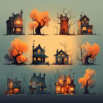 Drei Reihen gruseliger Halloween-Häuser mit kahlen Bäumen und orangem Herbstlaub | Three rows of spooky Halloween houses with bare trees and orange autumn foliage