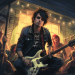 Digitale Illustration: Punk-Gitarrist mit Igelhaaren spielt E-Gitarre bei Gartenparty | Digital illustration: punk guitarist with spiky hair plays electric guitar at outdoor party