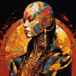 Kybernetische Frauenfigur mit goldenen Ornamenten in Rot und Schwarz | Cybernetic female figure with golden ornaments in red and black