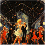 Elegante Tanzszene der 60er Jahre in glamourösem Ballsaal mit Hängeleuchten | Elegant 1960s dance scene in glamorous ballroom with pendant lights
