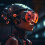 Cyberpunk-Frau mit futuristischem Helm und leuchtend orangen Schutzgoggle | Cyberpunk woman wearing futuristic helmet and glowing orange goggles, side profile