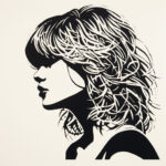 Schwarz-weiße Linolschnitt-Grafik: Frauenprofil mit wildem, wehendem Haar | Black-white linocut graphic: woman's profile with wild, flowing hair