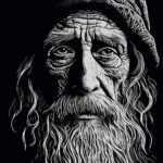 Digitale Tuschezeichnung: Alter Mann mit Mütze, langem Bart und tiefen Falten | Digital ink drawing: Old man with hat, long beard and deep wrinkles