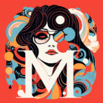 Retro-Illustration: Frau mit Brille, Buchstabe M, bunte Wirbel auf Rot | Retro illustration: woman with glasses, letter M, colorful swirls on red