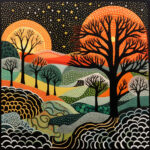 Stilisierte Nachtlandschaft mit kahlen Bäumen, orangen Monden und gemusterten Hügeln | Stylized night landscape with bare trees, orange moons and patterned hills