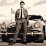 Illustration: Eleganter Mann im Anzug lehnt an Oldtimer-Sportwagen, Sepia-Stil | Illustration: Elegant man in suit leaning on classic sports car, sepia style