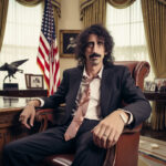 Mann mit lockigem Haar und Schnurrbart im Anzug sitzt in repräsentativem Büro mit US-Flagge | Curly-haired man with mustache in suit seated in formal office with American flag