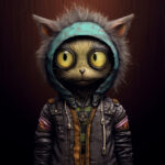 Anthropomorphe Katze mit gelben Augen, türkiser Kapuze und Punk-Jacke, digitale Kunst | Anthropomorphic cat with yellow eyes, teal hood and punk jacket, digital art
