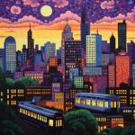 Expressionistische Stadtsilhouette bei Nacht mit Zügen, Vollmond und lila Himmel | Expressionist city skyline at night with trains, full moon and purple sky