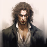 Digitales Portrait: junger Mann mit lockigem Haar, dunklem Mantel, intensivem Blick | Digital portrait: young man with curly hair, dark coat, intense gaze