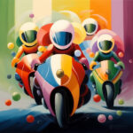 Vier bunte Motorradfahrer mit Helmen rasen auf leuchtend farbigen Maschinen | Four colorful motorcycle racers with helmets speeding on vibrant machines