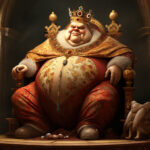 Übergewichtiger König mit Goldkrone auf prächtigem Thron, rotes Brokatgewand, digitale Kunst | Obese king wearing gold crown on ornate throne, red brocade robe, digital art