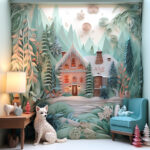 3D-Papierkunst: Winterszene mit beleuchtetem Haus, Fuchs, Tannenbäumen in Pastelltönen | 3D paper art: winter scene with lit house, white fox, pastel pine trees and quilled details