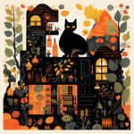 Schwarze Katze sitzt auf detailreichem Haus-Collage mit Herbstblättern in Orange-Schwarz | Black cat sits atop detailed house collage with autumn leaves in orange and black
