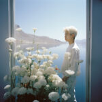 Junger Mann mit weißem Haar in weißem Hemd, weiße Blüten, Seenlandschaft | Young man with white hair in white shirt, white blooms, lake landscape