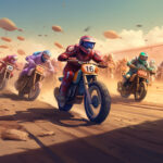 Digitale Illustration: Motorradrennen auf Sandpiste, Fahrer Nr. 16 in Rot führt das Feld an | Digital illustration: motorcycle race on dirt track, rider No. 16 in red leads the pack