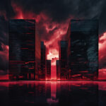 Dystopische Glasfassaden-Hochhäuser unter blutroten Sturmwolken mit Wasserspiegelung | Dystopian glass skyscrapers under blood-red storm clouds with water reflection