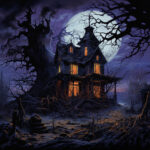Verfallenes Spukhaus mit orangenem Fensterlicht, kahlen Ästen und Vollmond | Decayed haunted house with orange window glow, bare branches and full moon