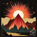 Retro-Illustration: Roter Bergkegel vor strahlender Sonne, dunkler Sternenhimmel | Retro illustration: red mountain peak before radiant sun, dark starry sky