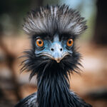 Emu mit orangen Augen und zerzaustem schwarzen Gefieder starrt frontal in die Kamera | Emu with orange eyes and ruffled black plumage staring directly into the camera