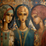 Drei stilisierte Frauen mit Kopftüchern und Schmuck, orientalisch-ikonenhafter Malstil | Three stylized women with headscarves and jewelry, oriental iconic painting style