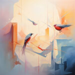 Drei Vögel in abstraktem Pastellraum, rot-blau gefiedert, geometrische Linien | Three birds in abstract pastel space, red-blue plumage, geometric lines