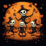 Vier tanzende Skelett-Hexen mit Kürbissen vor orangem Vollmond | Four dancing skeleton witches with pumpkins before orange full moon