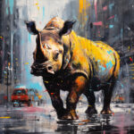 Gelbes Nashorn in urbaner Stadtkulisse, expressionistisches Acrylgemälde mit Farbspritzern | Yellow rhino in urban cityscape, expressionist acrylic painting with colorful paint splatters