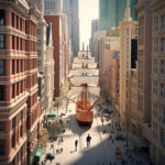 Surreales Segelschiff mit weißen Segeln fährt durch belebte Großstadtstraße | Surreal tall ship with white sails sailing through a busy city street