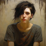 Ölgemälde: Junger Mensch mit dunklem Pixie-Cut, grauem T-Shirt, melancholischer Blick | Oil painting: Young person with dark pixie cut, grey t-shirt, melancholic gaze, textured background