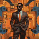 Mann im gemusterten Anzug mit oranger Krawatte vor geometrisch-urbanem Hintergrund | Man in patterned suit with orange tie against geometric urban background