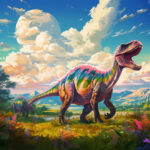 Bunter Dinosaurier mit geöffnetem Maul in leuchtender Urzeit-Landschaft | Colorful dinosaur with open jaws in a vibrant prehistoric landscape